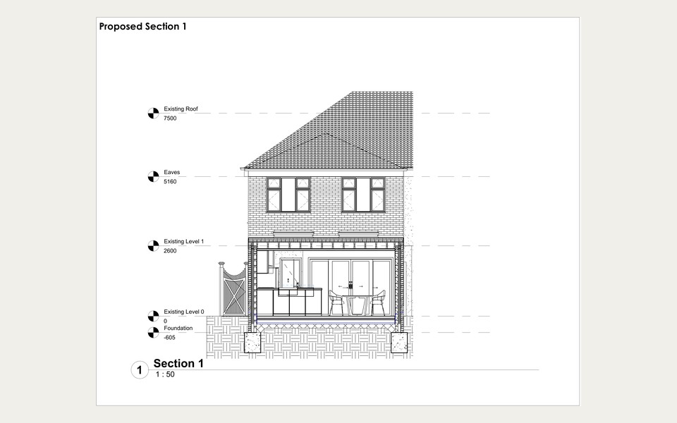 Proposed section drawing through the kitchen and rear extension at 110 Elmer Gardens, Isleworth