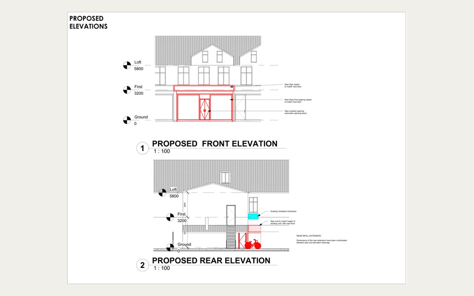 Approved front and rear elevations showing shopfront alterations and rear infill extension at 775 Harrow Road, Wembley