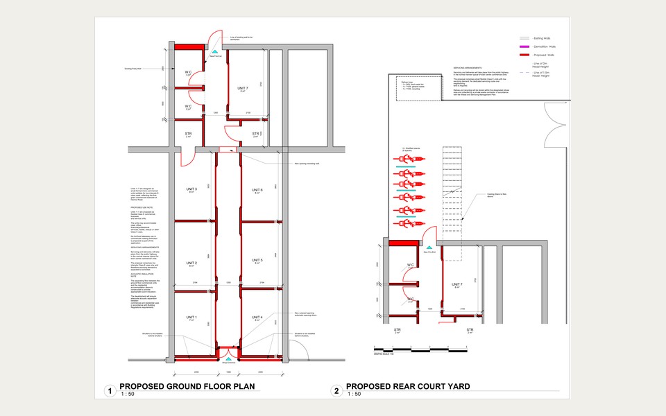 Approved ground floor plan showing seven Class E commercial units and rear courtyard cycle storage at 775 Harrow Road, Wembley