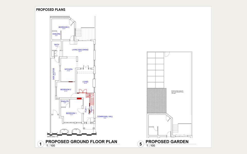 Approved ground floor plan for Flat 1 and its private garden amenity space at 143 Lampton Road, Hounslow