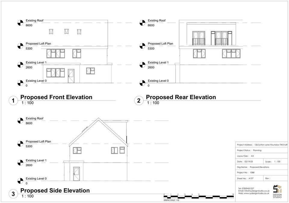 Approved proposed elevations for the loft conversion at 136 Sutton Lane, Hounslow