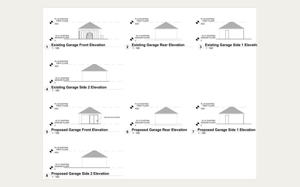 Existing and proposed garage elevations showing the new bi-fold doors at 102 The Thatchers, Bishop's Stortford